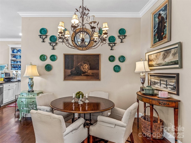 dining room with dark hardwood / wood-style flooring, crown molding, and an inviting chandelier