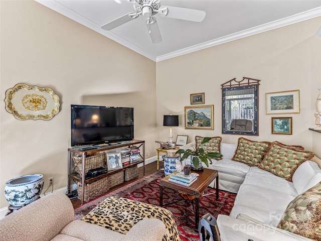 living room featuring ceiling fan, crown molding, and hardwood / wood-style flooring