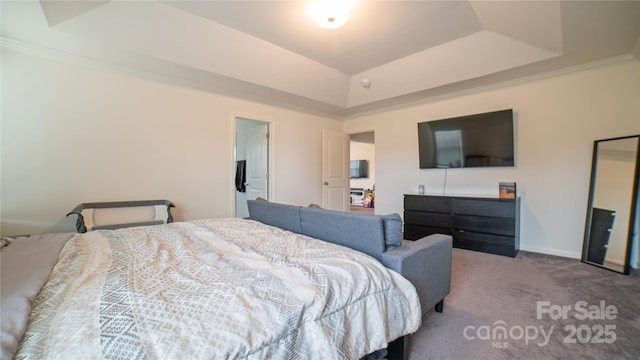 bedroom featuring a raised ceiling, crown molding, and carpet