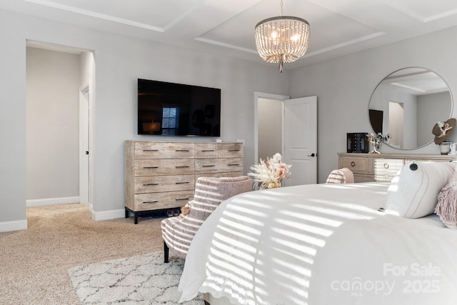 carpeted bedroom with an inviting chandelier and baseboards