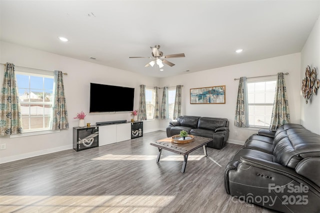 living room with ceiling fan and wood-type flooring