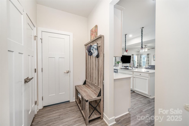 mudroom with light hardwood / wood-style flooring