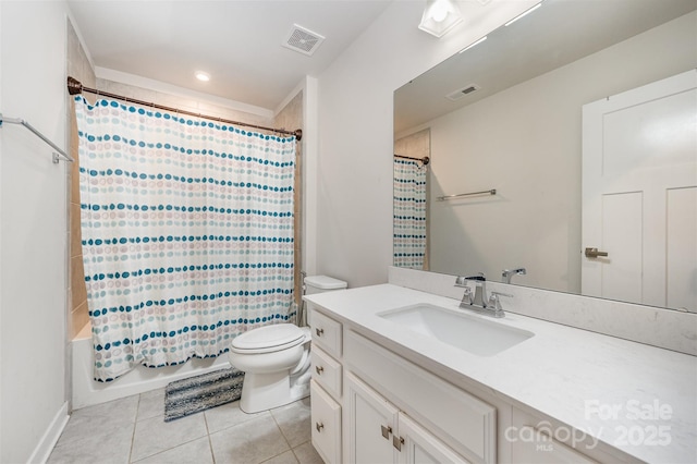 full bathroom with vanity, toilet, tile patterned flooring, and shower / tub combo