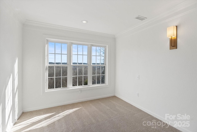 carpeted empty room featuring crown molding