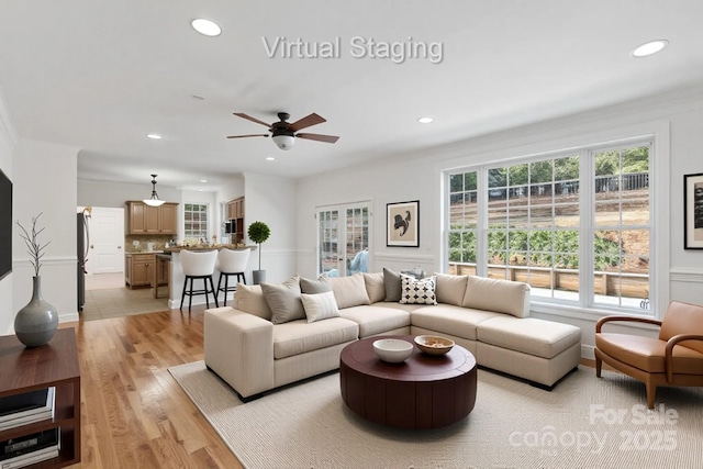 5774 Crown Ter, Hickory, NC 28601 - living room featuring recessed lighting, a ceiling fan, light wood-style flooring, and crown molding