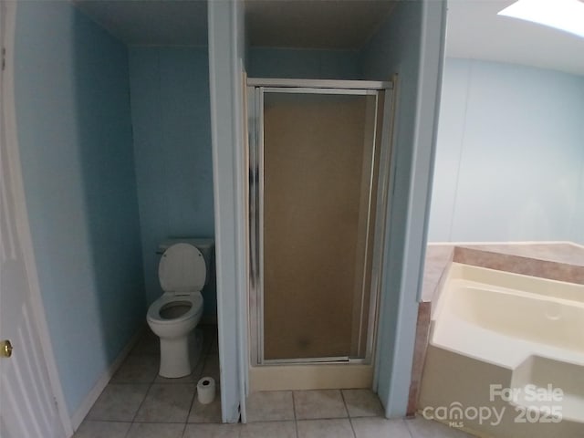 bathroom with tile patterned flooring, plus walk in shower, and toilet