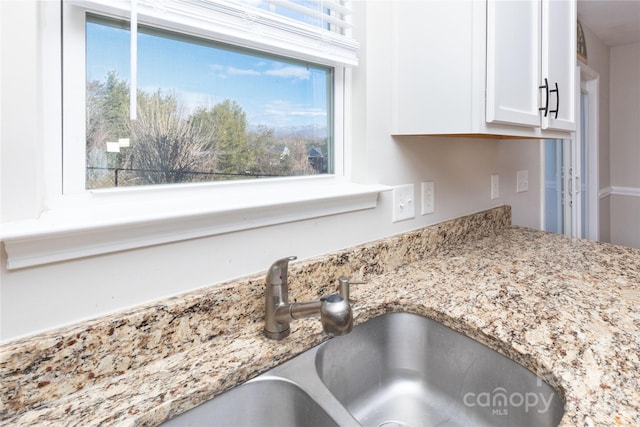 details featuring light stone countertops, sink, and white cabinets