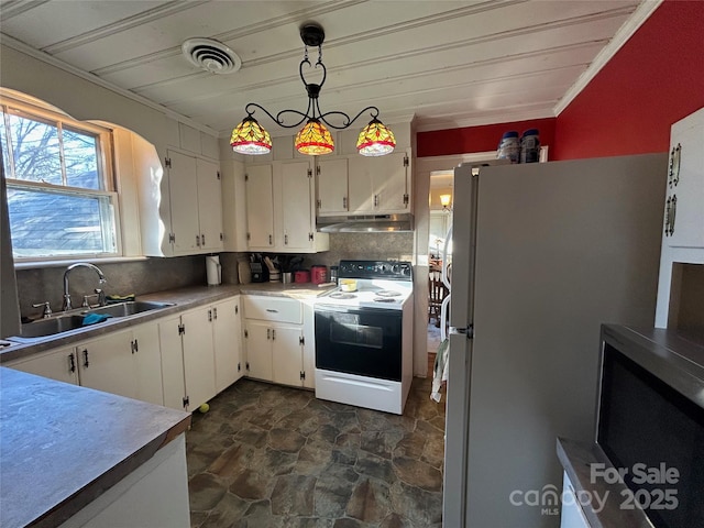 kitchen with pendant lighting, electric range, white cabinetry, a sink, and under cabinet range hood