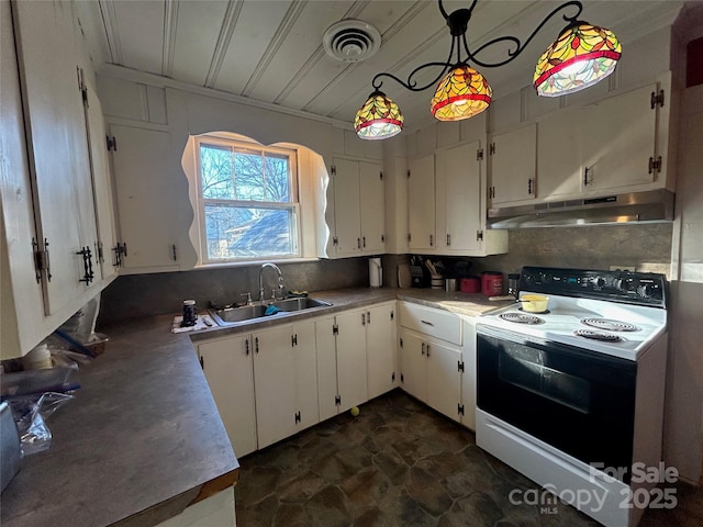 kitchen with decorative light fixtures, electric range oven, white cabinets, a sink, and under cabinet range hood