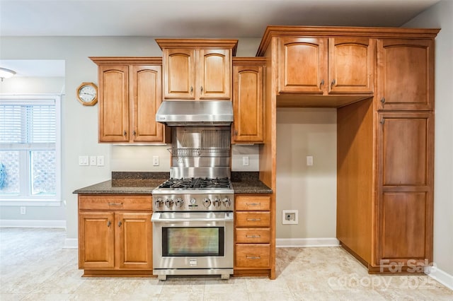 kitchen featuring stainless steel range with gas cooktop and dark stone countertops