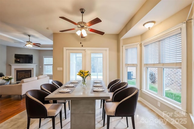 dining area featuring ceiling fan and light hardwood / wood-style flooring