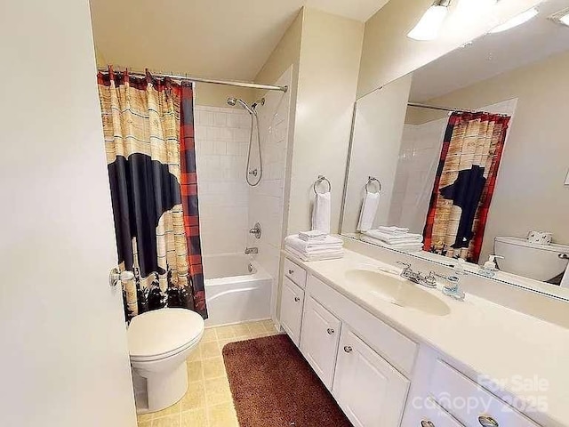 full bathroom featuring toilet, shower / bath combo, and vanity