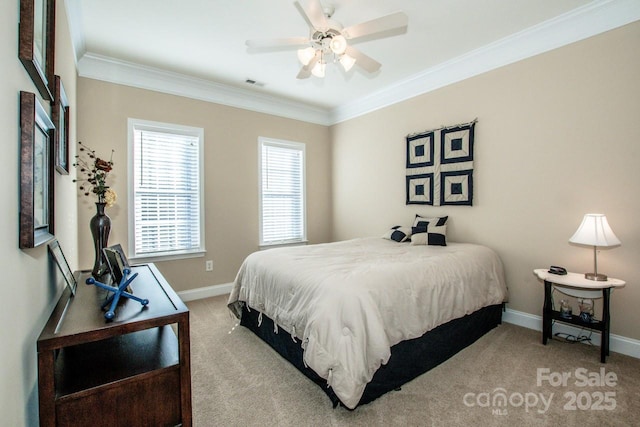 bedroom featuring ceiling fan, ornamental molding, and light carpet