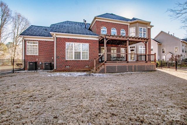 rear view of house featuring a deck, central AC, and a pergola