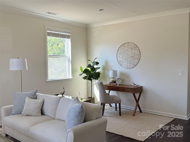 living room featuring ornamental molding and dark wood-type flooring