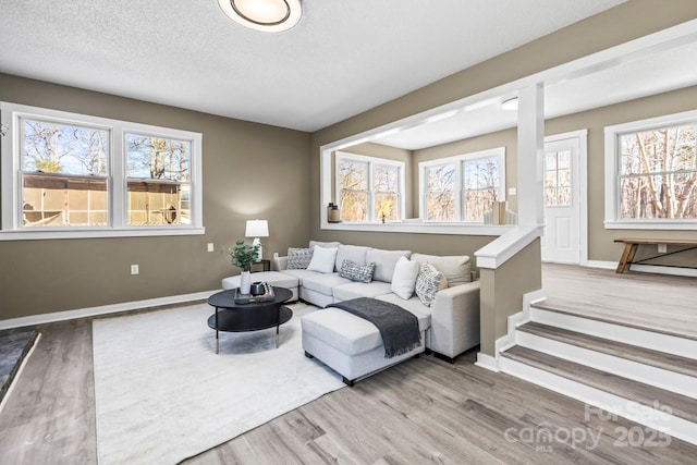 living room with a healthy amount of sunlight, a textured ceiling, and wood-type flooring