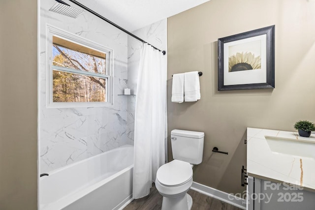 full bathroom featuring toilet, shower / bath combo with shower curtain, wood-type flooring, and vanity