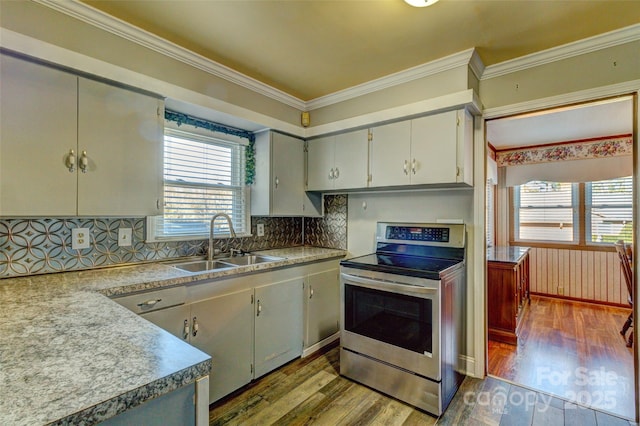 kitchen featuring sink, tasteful backsplash, crown molding, stainless steel electric stove, and light wood-type flooring