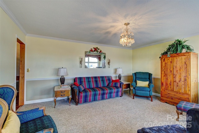 living room with carpet flooring, ornamental molding, a textured ceiling, and an inviting chandelier