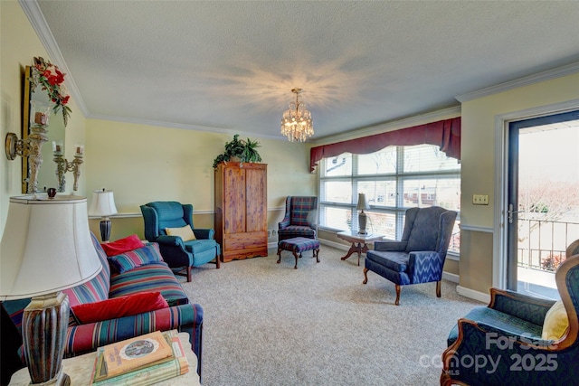 carpeted living room with a notable chandelier, ornamental molding, and a textured ceiling