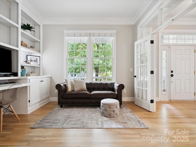 interior space featuring light wood-type flooring and ornamental molding