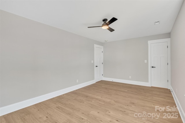 empty room with ceiling fan and light hardwood / wood-style floors