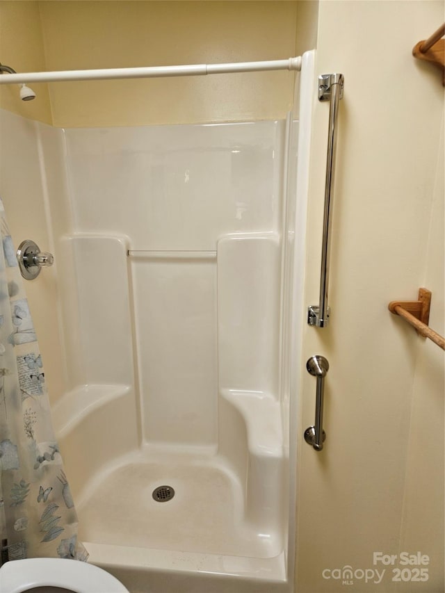 full bath featuring toilet and a shower with curtain