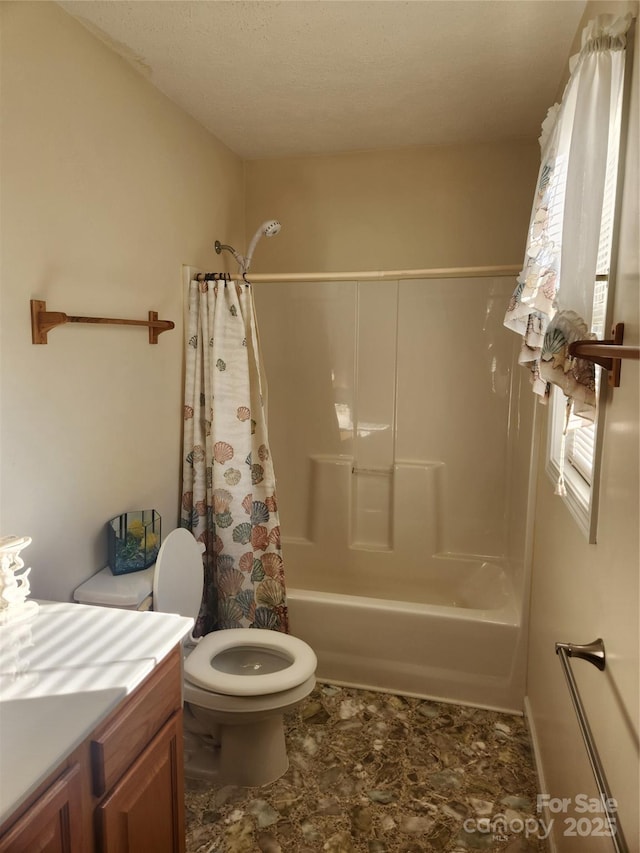 full bath featuring toilet, shower / bath combo, and vanity