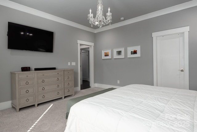 bedroom with ornamental molding, light carpet, and a chandelier