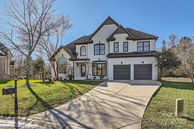 french provincial home with a garage and a front lawn