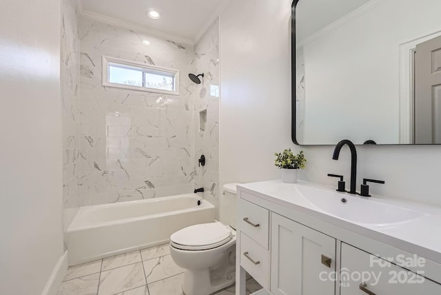 full bathroom featuring toilet, vanity, tiled shower / bath combo, and ornamental molding