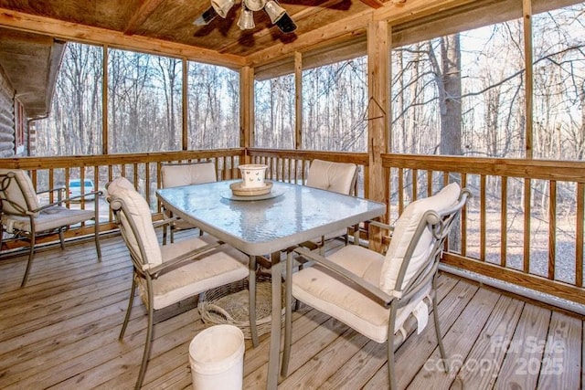 sunroom / solarium with ceiling fan and wooden ceiling