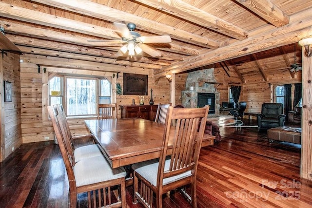 dining area featuring wooden ceiling, wood-type flooring, beam ceiling, and wood walls