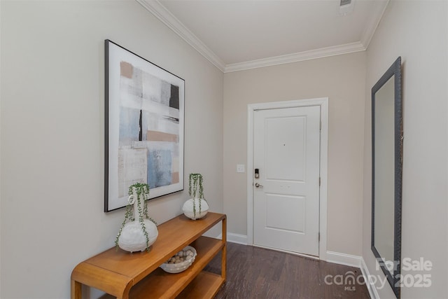 doorway to outside with dark wood-type flooring and ornamental molding