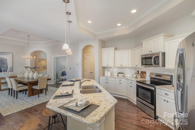 kitchen with white cabinetry, appliances with stainless steel finishes, a raised ceiling, a kitchen island with sink, and sink