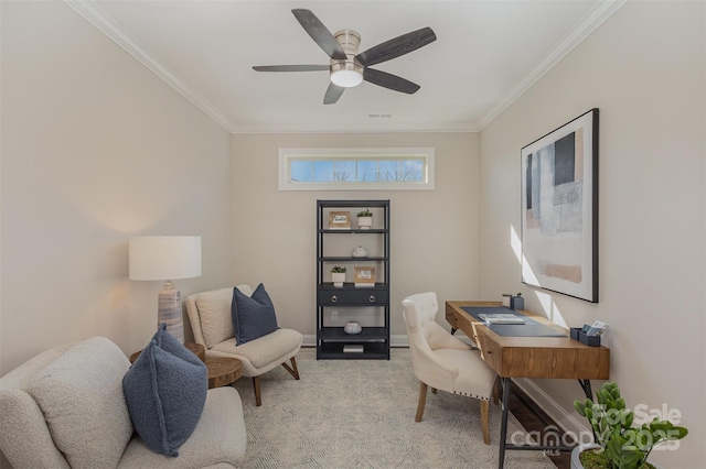 carpeted office space with ceiling fan and ornamental molding