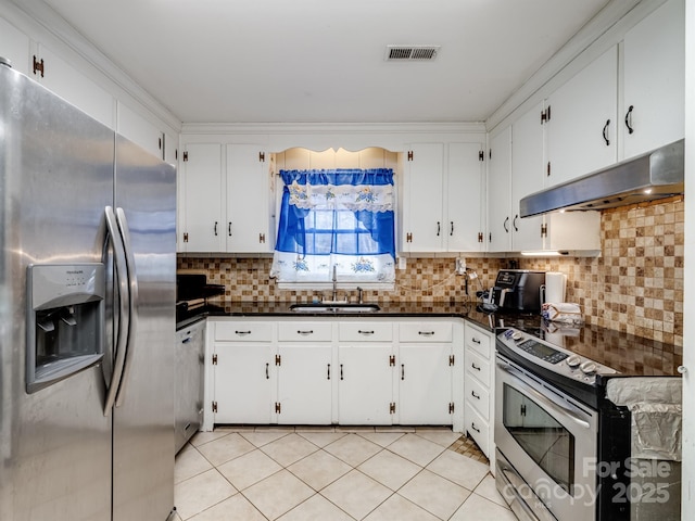 kitchen with appliances with stainless steel finishes, backsplash, white cabinets, and sink