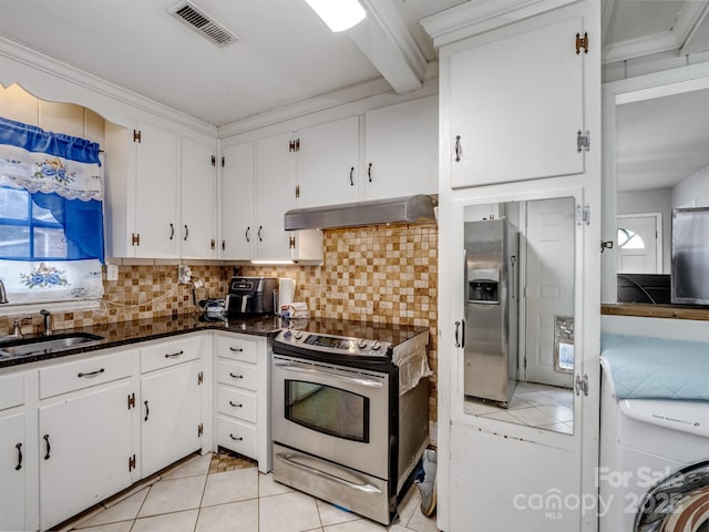 kitchen featuring exhaust hood, white cabinetry, stainless steel appliances, tasteful backsplash, and sink