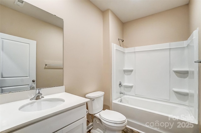 full bathroom with toilet, bathing tub / shower combination, and vanity