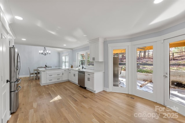 kitchen with light hardwood / wood-style floors, kitchen peninsula, stainless steel appliances, white cabinets, and sink