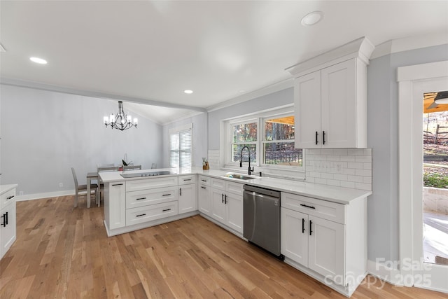 kitchen featuring white cabinets, stainless steel dishwasher, kitchen peninsula, and sink