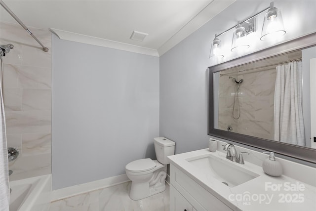 full bathroom featuring toilet, crown molding, shower / bath combination with curtain, and vanity