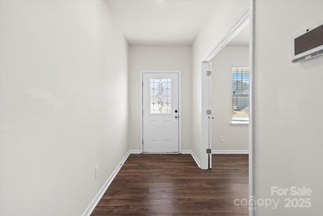 doorway with dark wood-type flooring and a wealth of natural light