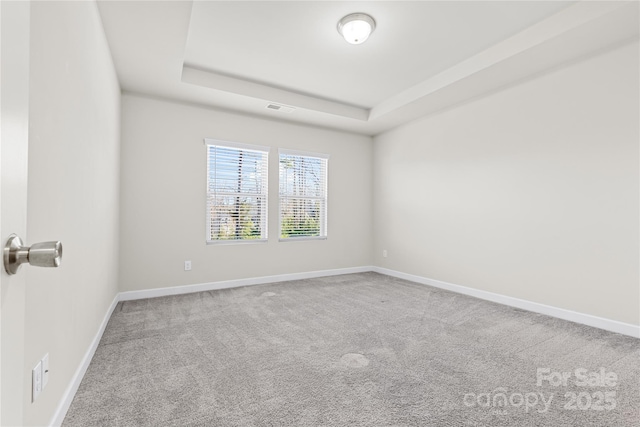 unfurnished room with light colored carpet and a raised ceiling