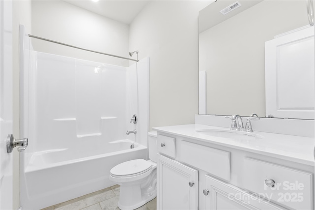 full bathroom featuring shower / tub combination, toilet, tile patterned flooring, and vanity