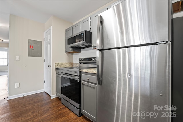 kitchen featuring appliances with stainless steel finishes, dark hardwood / wood-style flooring, electric panel, and gray cabinetry