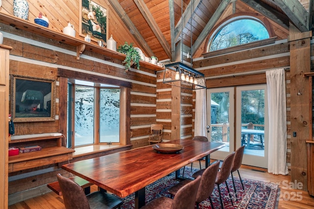 dining area featuring light hardwood / wood-style flooring, beam ceiling, and wooden walls