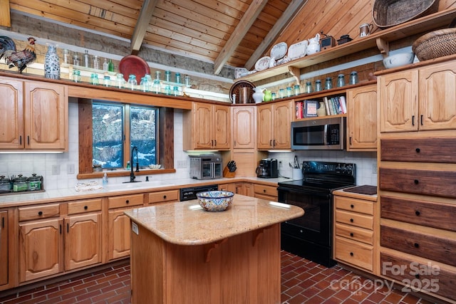 kitchen featuring a center island, black appliances, wood ceiling, sink, and lofted ceiling with beams