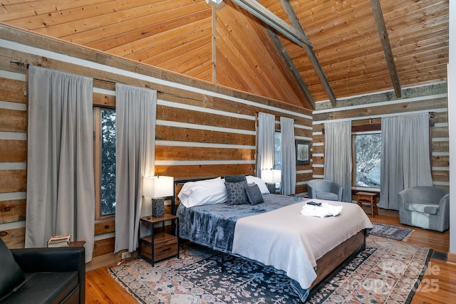 bedroom featuring wood-type flooring, multiple windows, wooden walls, high vaulted ceiling, and wooden ceiling