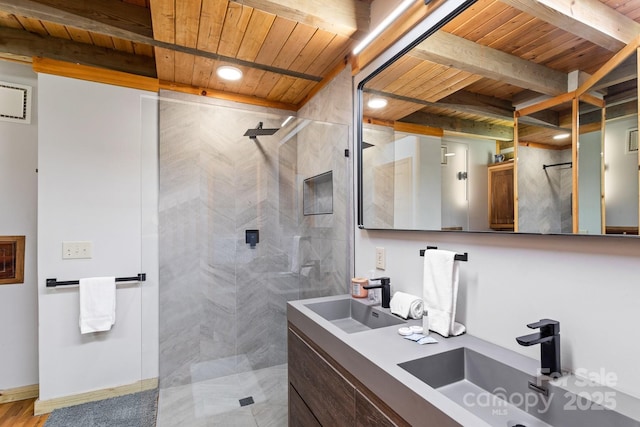 bathroom with walk in shower, vanity, and wooden ceiling